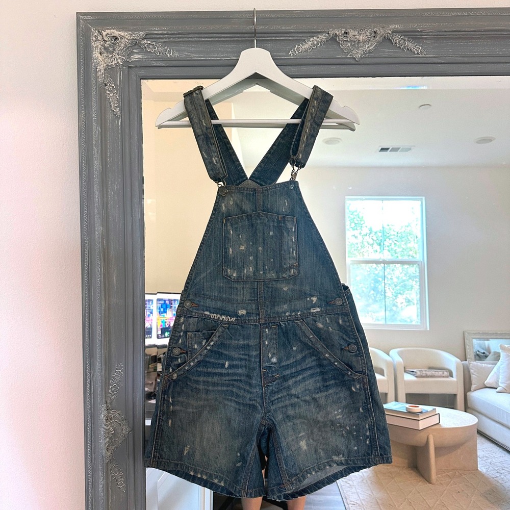 Lucky Brand Womens Distressed Denim Overalls Shortalls Blue Paint Splatter S